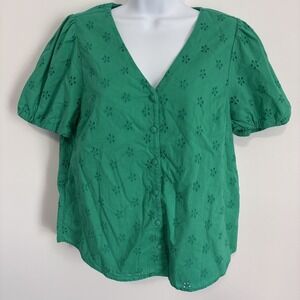 J Crew Women's Eyelet Overlay Top Size M Kelly Green Puff Sleeve V Neck Country